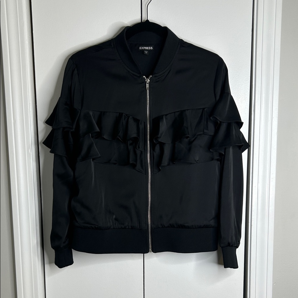 Like new Express Black Bomber Jacket with Ruffles